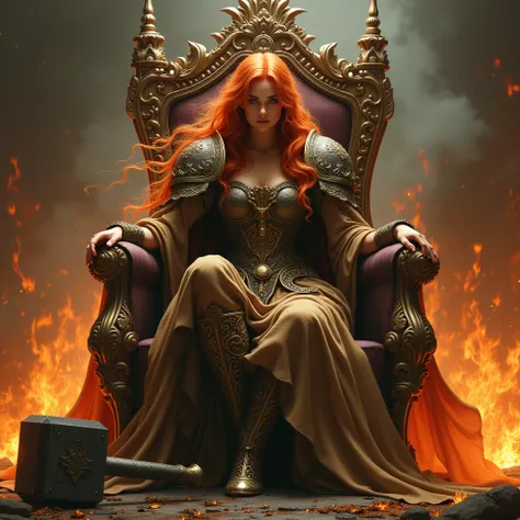 High Resolution, Accurate, Award Winning, HD, Masterpiece, Super Detailed, Epic Fantasy, Dramatic, wide angle, 1 female, witch queen, rose gold hair, fierce, wrath, brown and with gold linen armored gown, eclipse, the queen is seated on the broken throne t...