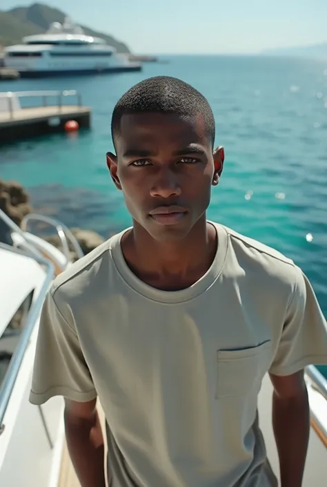 A young male african american, very young Nigeria boy, lowcut hairstyle, looks like george clooney in the movie ocean’s eleven, wearing a roundneck shirt, sneakers without socks, stepping off a mega yacht in monte carlo, evocative composition, (best qualit...