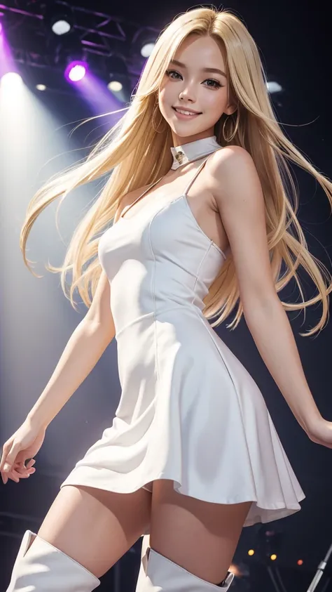 masterpiece,  top quality , Idol,Blonde , long hair,Alone, nice,  realistic,smile, facing forward,Stage Costumes, white mini dress, miniskirt,whole body,front, boots,Shoulder through