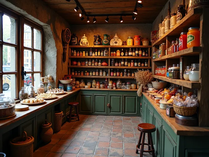 there is a store with a lot of food and drinks on the shelves, quirky shops, inside an old magical shop, photo for a store, inside an old magical sweet shop, the store, convenience store, old shops, store, shelves full of medieval goods, crafts and souveni...