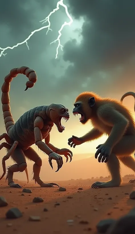 An intense scene featuring a scorpion and a monkey in a fierce standoff, both in an angry and aggressive pose, facing each other with fiery determination. The scorpions tail is raised and ready to strike, its pincers open menacingly, while the monkey crouc...