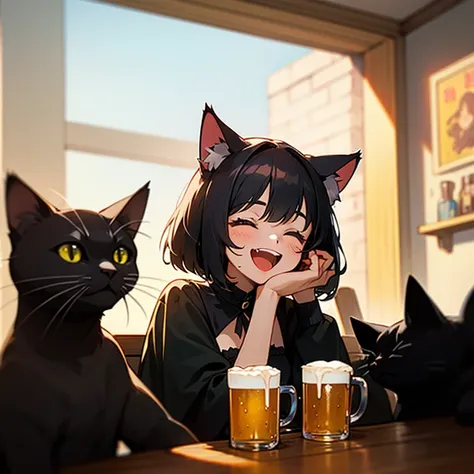  1 girl,  open her mouth , Cat ears,  black hair,  bob hair, Laughing/ good laugh, Black cat with a mug of beer on the table