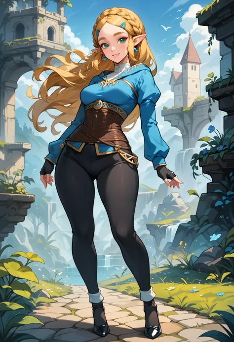 (extremely fine and beautiful:1.1), (perfect details:1.1), (finely detailed eyes and detailed face:1.3), ZeldaSDXL, Princess Zelda, narrow hips, medium breasts, slender thighs, small ears, pointy ears, braid, hair ornament, hairclip, gloves, black gloves, ...