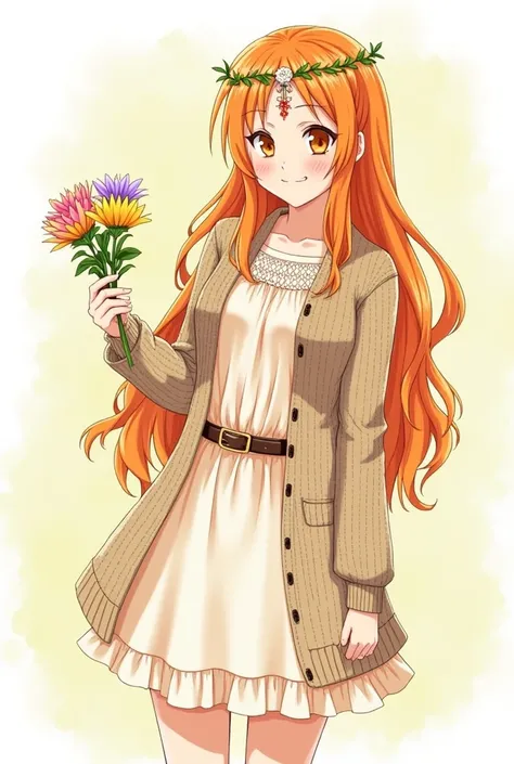 Asuna Yuuki she holds flowers in her hand she has orange hair orange eyes she is wearing a hippie dress with belt hippie knit jacket she is smiling she is wearing a hippie flower band on her forehead she is standing 