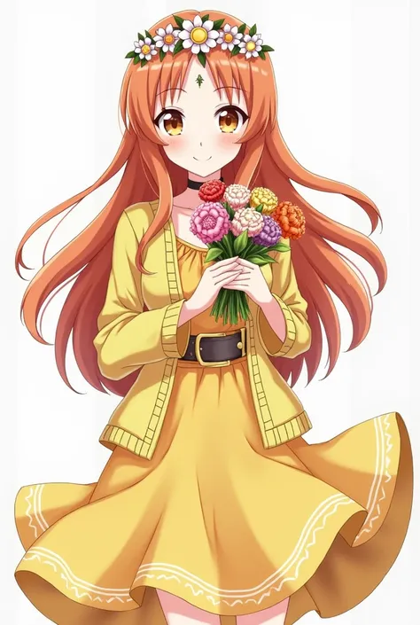 Asuna Yuuki she holds flowers in her hand she has orange hair orange eyes she is wearing a hippie dress with belt hippie knit jacket she is smiling she is wearing a hippie flower band on her forehead she is standing 