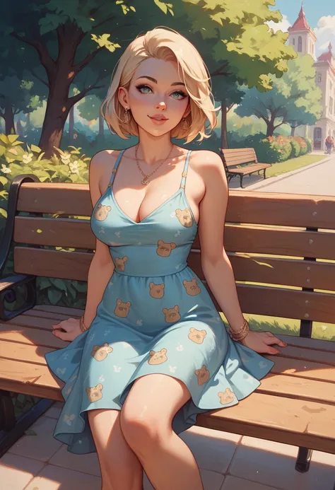 best quality, a woman sat in a bench , summer_dress, dogs printed in the dress