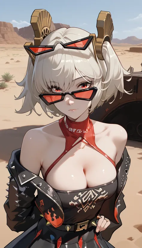  1girl,One,_ZZZ,  short hair ,  short double tails,  hair ornament,  facing the viewer,  nude,  bare-chested,  naked body,  caresses herself between her legs, very sexy, erotica,  Leans forward ,  sunglasses , on the head , desert area,  against the backgr...