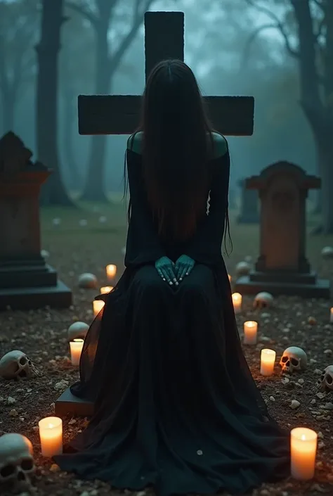  A beautiful and scary woman , dressed in a long flowing black dress , sitting on the cross of souls in the middle of a cemetery,surrounded by 7 graves ,in the dark, with only candles illuminating , with skulls and bones everywhere 