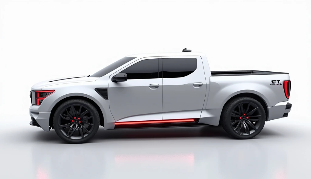 A captivating (side)view of a futuristic ( 2025 Ford F100 pickup truck), showcasing its sleek, pristine white design and modern features. The pickup trucks athletic and luxurious appearance is accentuated by sharp lines and curves, creating a sense of eleg...