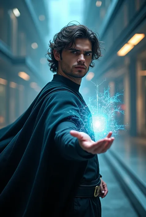 Create a man with medium and half curly hair with a cape capable of controlling reality using computers