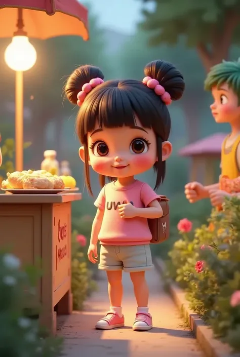 A cute and adorable  girl with her hair styled into two high buns and bangs, her shimmering hair strands glowing softly in the warm evening light. She’s a beautiful  with rosy cheeks, wearing a pastel-colored shirt with the word “uwu” printed on the front....