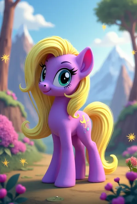 My little pony movie  pony character Lemon Hearts pony lemon green hair and Purple body   disney style   with beautiful backgrounds