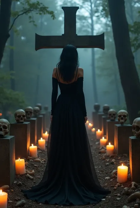 A beautiful woman, dressed in a long flowing black dress ,Behind the Cross of Souls in the middle of a cemetery,surrounded by 7 graves ,in the dark, with only candles illuminating , with skulls and bones everywhere 