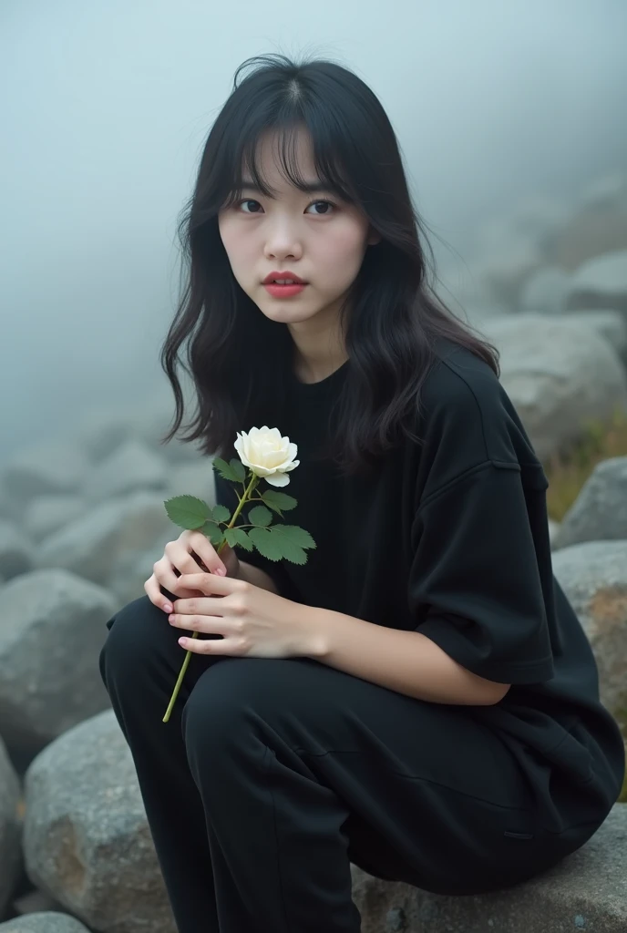 A black haired Korean girl is slapped with her hands holding a sprig of roses wearing a black t-shirt Celsius kompar trousers levis kompar wearing nike shoes with her face looking at the camera sitting on the rocks with a cool nature shrouded in a white mi...