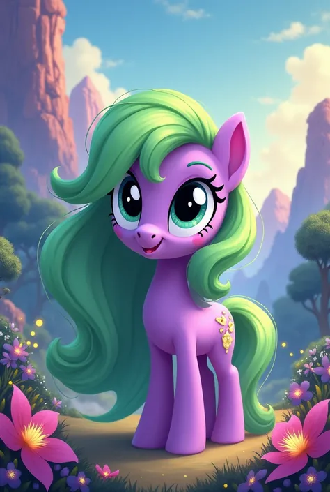 My little pony movie  pony character Lemon Hearts pony green hair and Purple body   disney style   with beautiful backgrounds