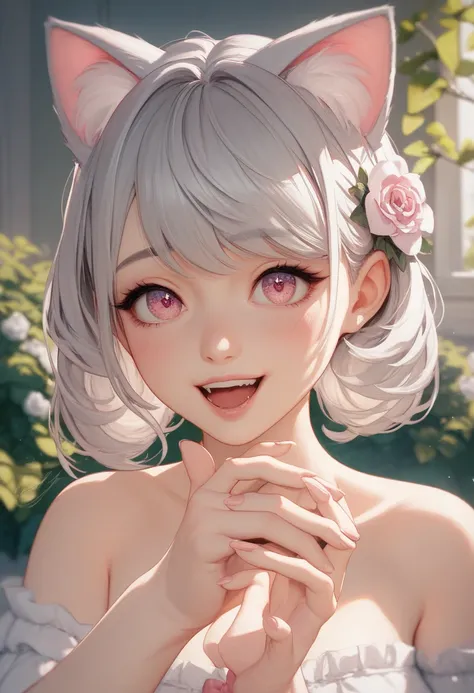  anime girl with cat ears , Soft white fluff in her ears , Her eyes are big、I was full of curiosity,  She was excited and happy to see me,  beautiful eyes, Gray Hair,  pink eye, , Good picture, anime 2d, 2D, cute, Five fingers on each hand,  beautiful hand...