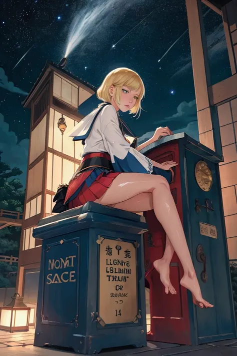 Kay Nielsen, Matsuri Hino, Margaret Tarrant, José Villarrubia, Mabel Attwell, Surrealism, wonder, strange, bizarre, fantasy, sci-fi, Japanese anime, beautiful blonde miniskirt girl Alice sitting on top of a red mailbox, perfect voluminous body, waiting for...