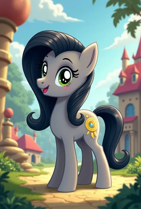 My little pony movie  pony character Lemon Hearts pony Black Hair and Light Gray body   disney style   with beautiful backgrounds