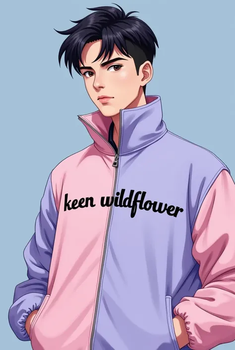 A 28 year old man with a black hair and wearing a half light lavander half pastel pink jacket that says “Keen WILDFLOWER”