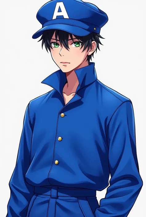  who is a teenager ,gender man, white skin , green eyes,That this striking royal blue dress set,2d,hat with an a in the front 