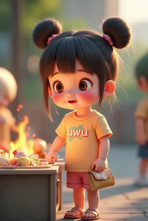 A cute and adorable girl with her hair styled into two high buns and bangs, her shimmering hair strands catching the warm glow of the evening light. She’s a beautiful with rosy cheeks, wearing a pastel-colored shirt with the word “uwu” printed on the front...