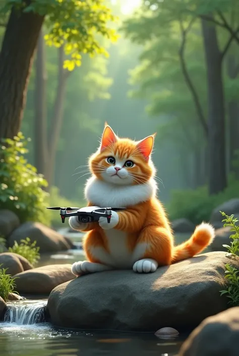 I want a cat wearing a white pillow with a drone in its hand and that cat sitting on a rock near a big stream The cat should have beautiful green trees around it