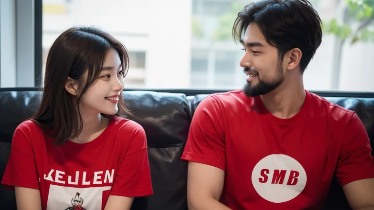  a 19 year old Korean beautiful woman  .  He was wearing a red and white t-shirt.  with a shy smile ,  sitting with a handsome 24-year-old Indonesian man  , short neck, little bearded , By mall , the two looked at each other 