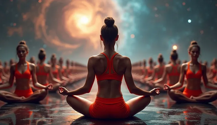 red sport bra, red sport short, six pack herself 1000000000000000000000000000 clones, sitting, meditation, in the space of the universe