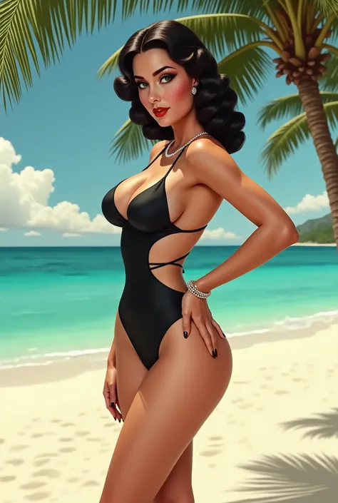 A 1930s pinup model in a onepiece swimsuit on a beach