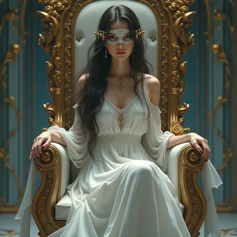 1girl, ai, Long hair, Earings, jewelry, Sitting on a Throne, wearing white dress, wearing half mask, With a text Mahal on it