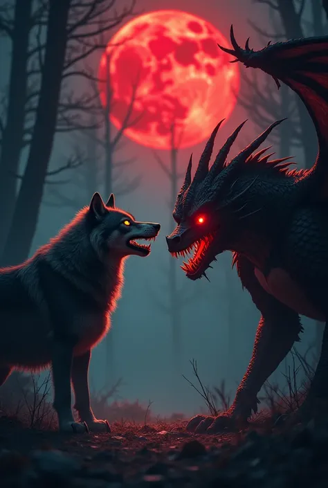  dark, misty forest under a blood-red moon. A snarling wolf with glowing yellow eyes stands on one side of the frame, its fur bristling with rage. On the other side, a fearsome dragon with glowing red eyes and jagged wings glares back, its claws digging in...