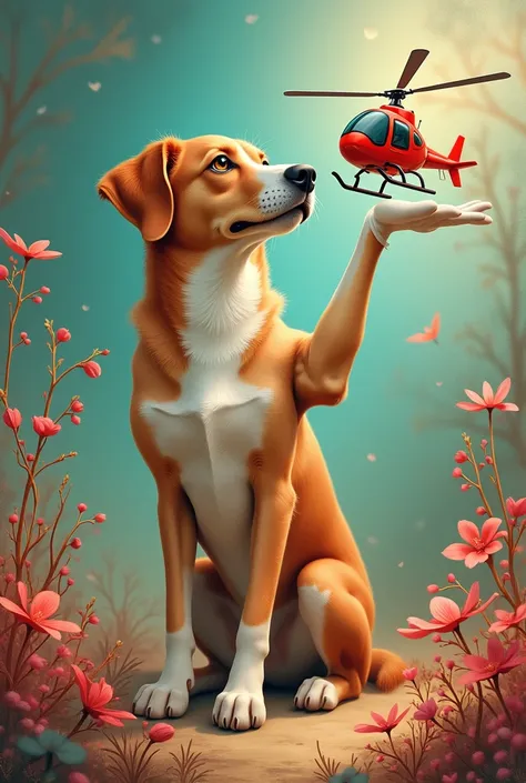 I want a beautiful dog that has a small helicopter in its hand. I want one that looks like it is with Sopa