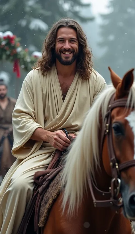 Jesus Christ smiling on top of a horse, portrait photo, looking at the center of the photo, Christmas scenario