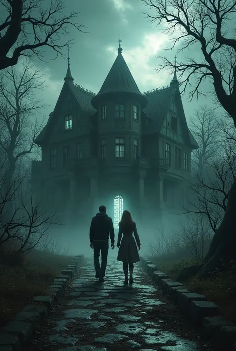 The man and woman ahead that horror mansion main door 