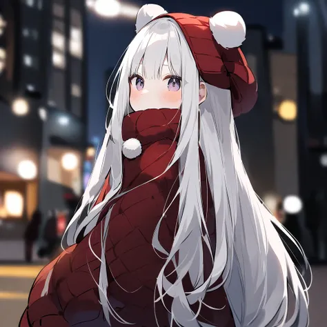  Christmas、Santa、Im holding a stuffed animal of a man、 red muffler 、 Night City Background、 Blurred Background、Cat ears girl、 straight long hair、 white hair