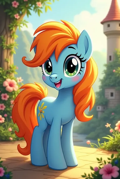 My little pony movie  pony character Lemon Hearts pony Orange Fire Color Hair and Light Blue body   disney style   with beautiful backgrounds