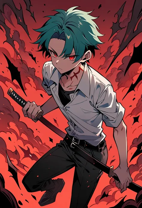 Male Teenager ,solo, white button down shirt, black undershirt, black jean pants, black shoes, teal hair, 74 neck mark , red eyes, sninster look, masterpiece, best quality, hell, red sky, holding katana 