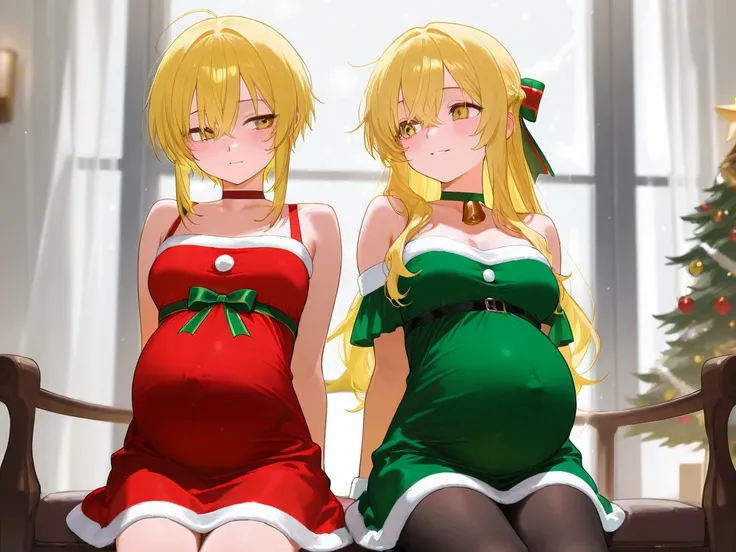 This sexy girl with yellow hair is wearing a Christmas dress, she got pregnant and got hungry.