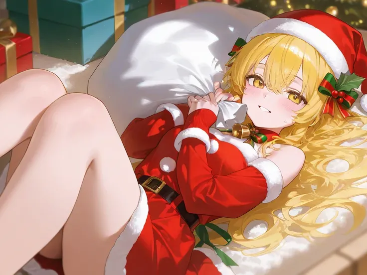 A sexy girl with yellow hair is wearing a Christmas costume and she is having a baby
