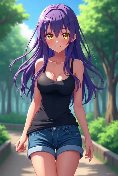 Anime Girl With Purple Long Hair And Yellow Eyes, big breast , black tank top and jean shorts walking to park