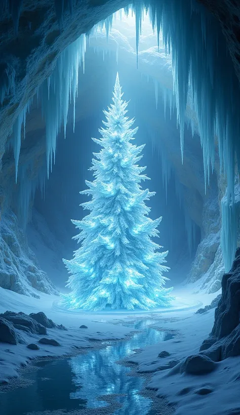 A glowing cave hidden in a snowy mountain, where walls of ice reflect magical light and a crystal Christmas tree stands at its heart.