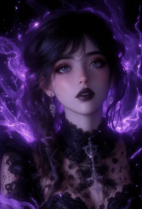 shoujo anime aesthetic woman, smooshy, dreamy goth, goth, long black hair, bangs, curls, black glossy lips, gothic dress, ruffles, silver strings, fishnet, tattoos, lace, black and purple, 90s anime features, intricate details, black background, sparkles e...