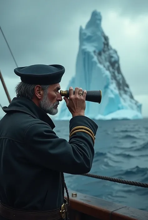 A sailor looks anxiously through a spyglass at a huge iceberg.