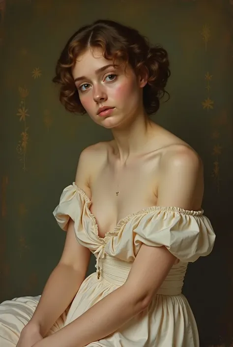 Imagine a girl with short hair (over 18 years old) practically naked and showing off her beautiful small breasts from the outside as if it were a picture painted by Hugues Merle and William-Adolphe Bouguereau with sample tits
