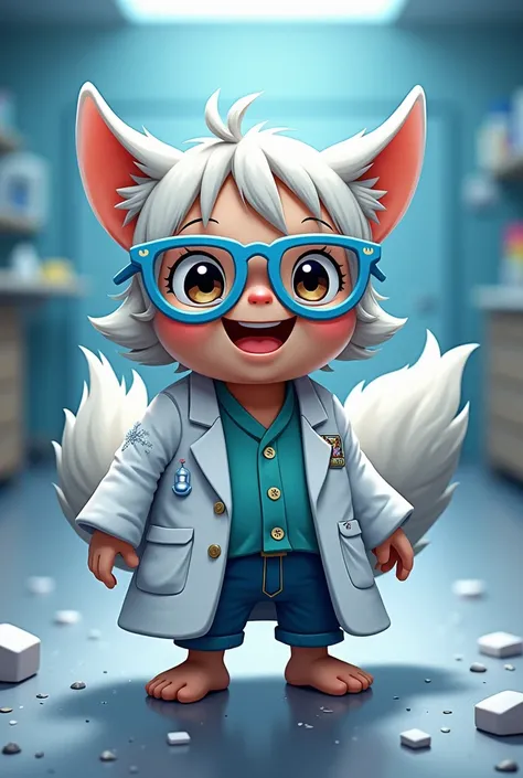 Give me a dwarf Tontatta from the anime One Piece, With white doctors clothes and blue glasses ,  plus silver details that refer to ice, In addition to having a fox tail