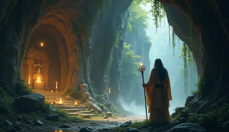 "Create an image of a sage from the Kali Yuga discovering a mystical and ancient cave hidden deep within a dense forest. The sage, dressed in simple yet sacred robes with prayer beads around his neck, stands at the caves entrance, holding a glowing staff t...