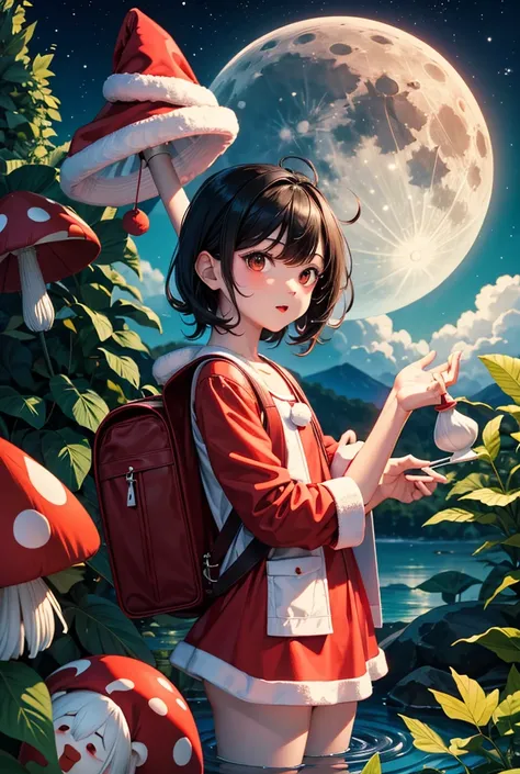 Santa Mushroom man, boy, black hair, white skin, krabi, red backpack, water bath, full moon night 