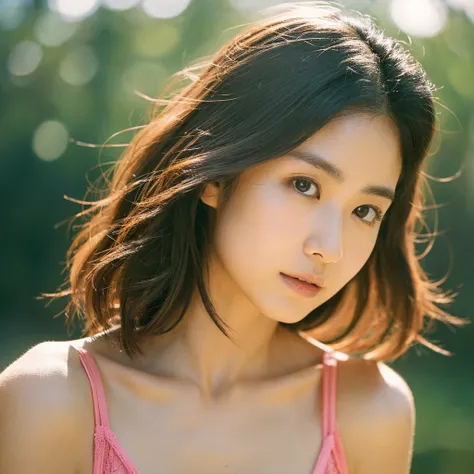 A hyper-realistic image of a single Japanese woman in her early 20s, captured with the nostalgic warmth and subtle graininess of a film camera. Her skin has a warm beige tone with a natural, slightly rough texture that includes visible pores, fine lines, a...