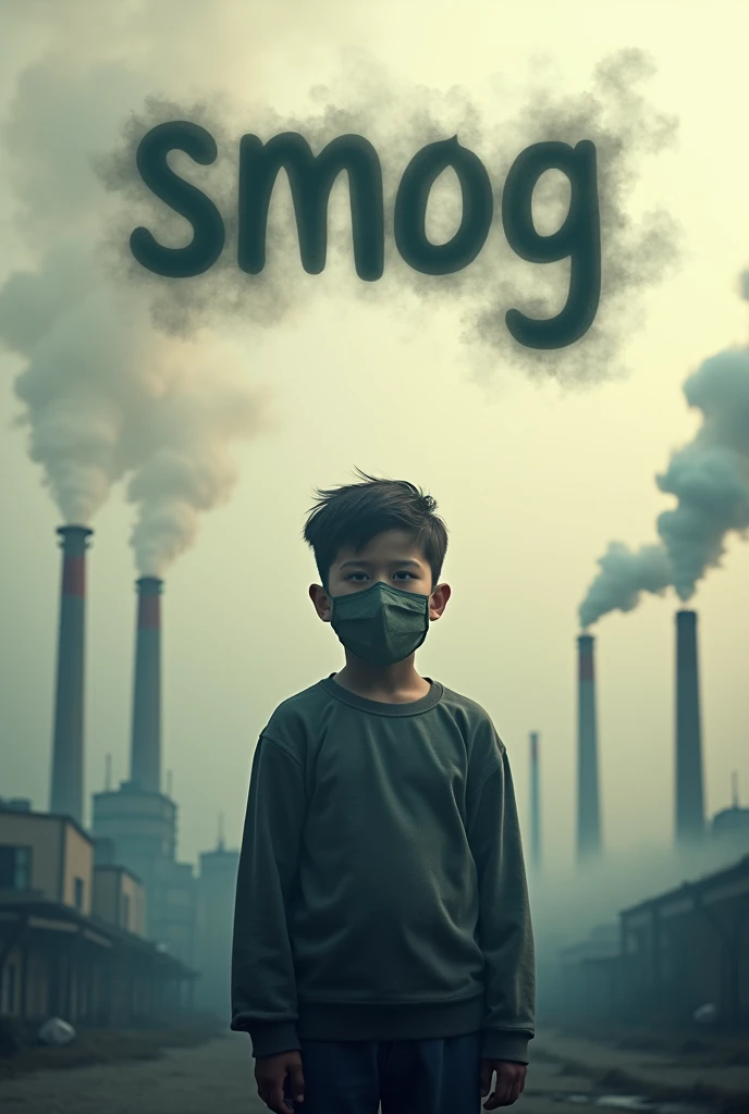 Text "SMOG" written with smoke effect at the top, Smoke getting out from Factories at background, A boy wearing a face mask at front