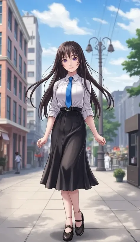  Anime girl standing on a city street with long hair and blue eyes, ArtStation Pixivでトレンド入り,   purple eyes ,  blue tie,  beautiful ( detail eyes,  detailed face ,)  ahehe, Euradev, Noble temperament,  high heels,  No watermark 